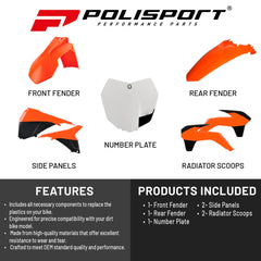 Polisport Motocross (MX) Replica Plastic Kit for KTM SX/SX-F (2013-15) Dirt Bike – OEM Quality, Durable, Flexible & Perfect Fit – Orange/White/Black