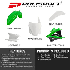 Polisport Motocross (MX) Replica Plastic Kit for Kawasaki KX 85/100/112 (2014-21) Dirt Bike – OEM Quality, Durable, Flexible & Perfect Fit – Green/White/Black