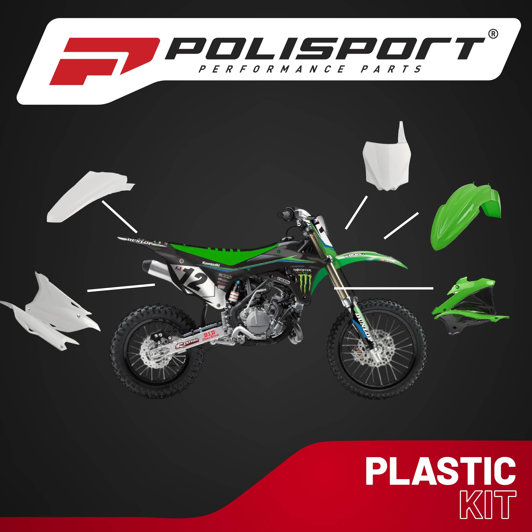 Polisport Motocross (MX) Replica Plastic Kit for Kawasaki KX 85/100/112 (2014-21) Dirt Bike – OEM Quality, Durable, Flexible & Perfect Fit – Green/White/Black