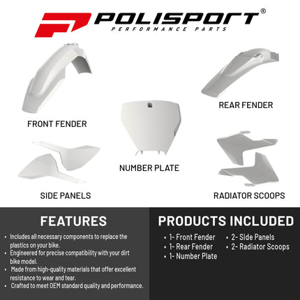 Polisport Motocross (MX) Replica Plastic Kit for Husqvarna TC/FC (2016-18) Dirt Bike – OEM Quality, Durable, Flexible & Perfect Fit – White
