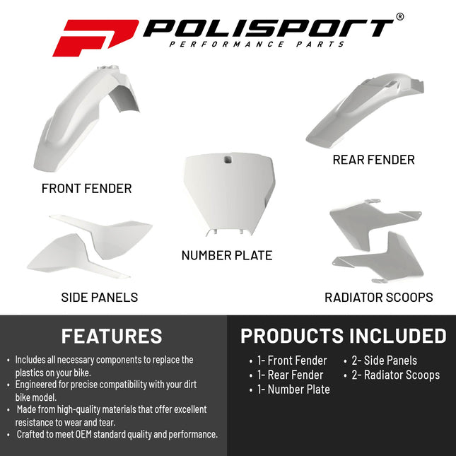 Polisport Motocross (MX) Replica Plastic Kit for Husqvarna TC/FC (2016-18) Dirt Bike – OEM Quality, Durable, Flexible & Perfect Fit – White