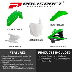 Polisport Motocross (MX) Replica Plastic Kit for Kawasaki KX 85/100/112 (2014-21) Dirt Bike – OEM Quality, Durable, Flexible & Perfect Fit – Green/White/Black