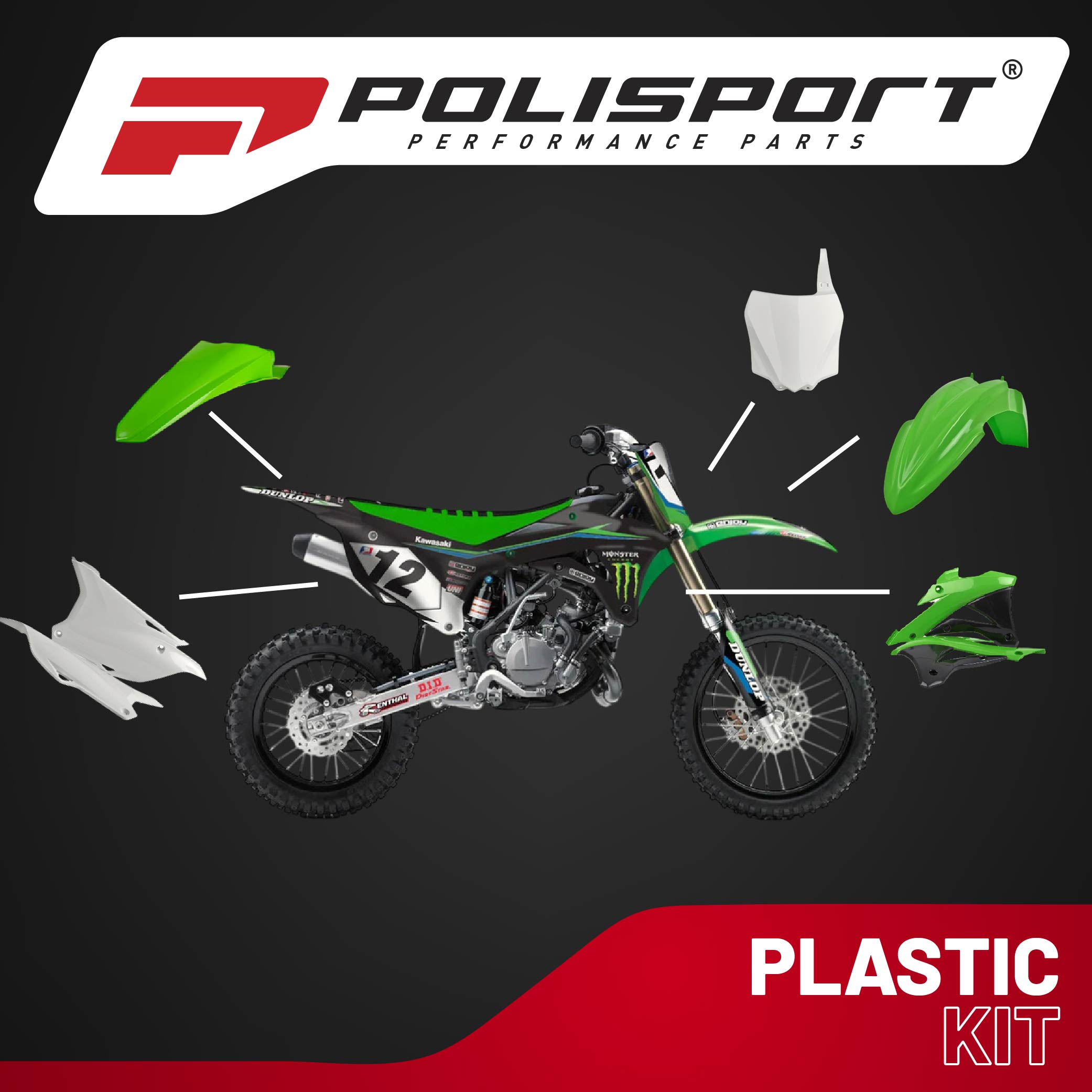 Polisport Motocross (MX) Replica Plastic Kit for Kawasaki KX 85/100/112 (2014-21) Dirt Bike – OEM Quality, Durable, Flexible & Perfect Fit – Green/White/Black
