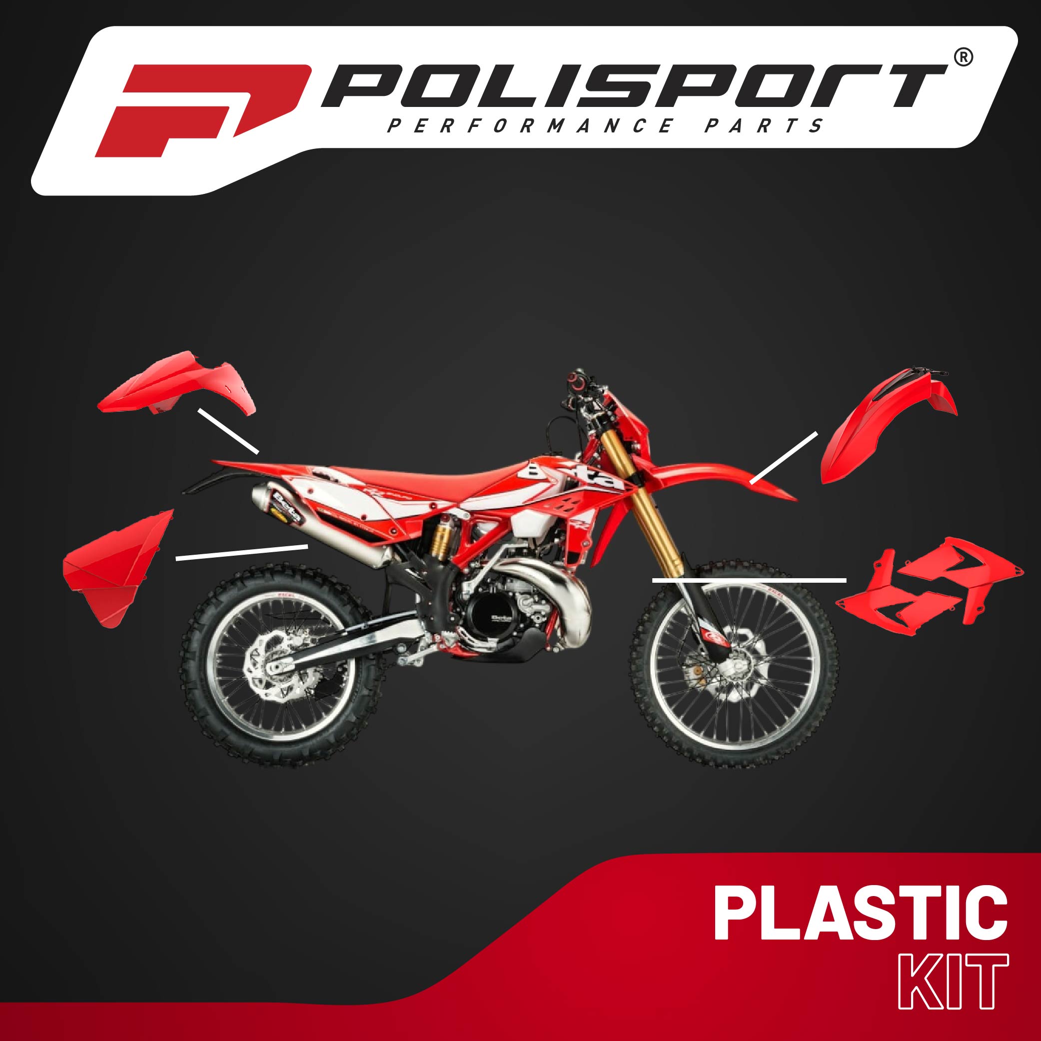 Polisport Motocross (MX) Replica Plastic Kit for BETA RR 2T & 4T (2013–2017) Dirt Bike – OEM Quality, Durable, Flexible & Perfect Fit – Red