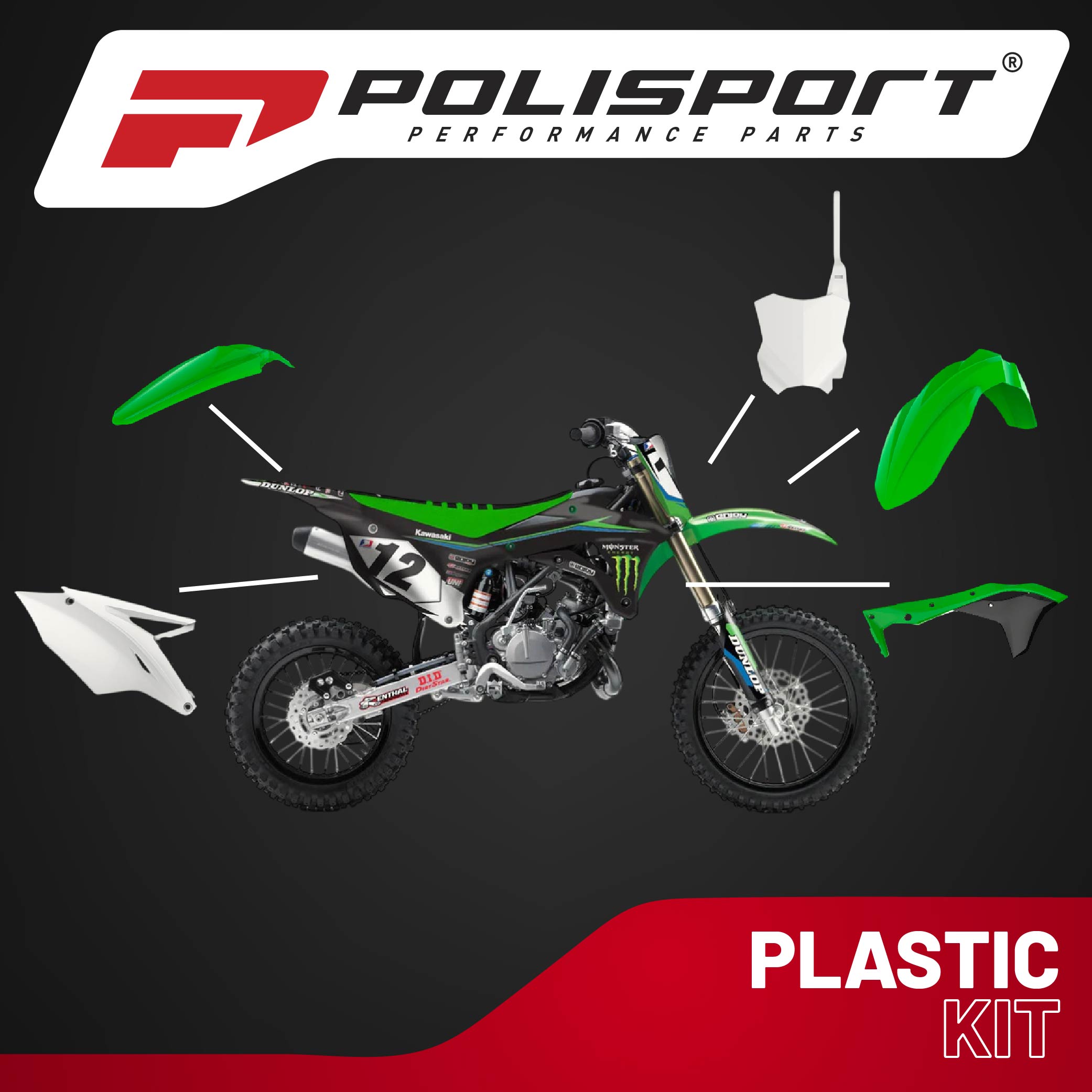 Polisport Motocross (MX) Replica Plastic Kit for Kawasaki KX 250F (2017-20) Dirt Bike– OEM Quality, Durable, Flexible & Perfect Fit – Green/Black