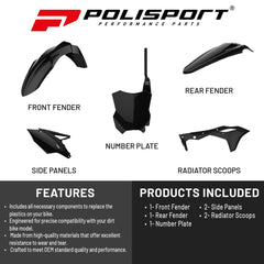 Polisport Motocross (MX) Replica Plastic Kit for Kawasaki KX 250F (2017-20) Dirt Bike – OEM Quality, Durable, Flexible & Perfect Fit – Black