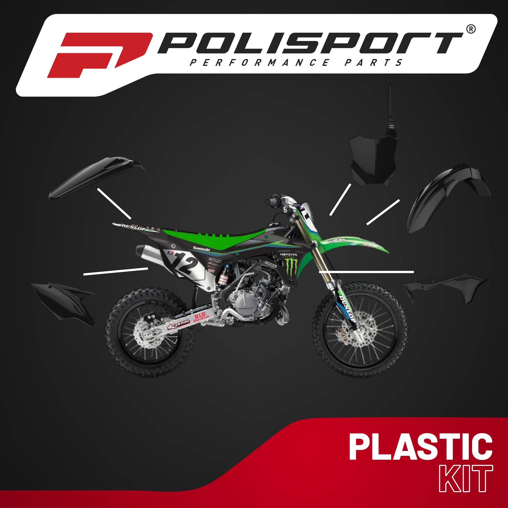 Polisport Motocross (MX) Replica Plastic Kit for Kawasaki KX 250F (2017-20) Dirt Bike – OEM Quality, Durable, Flexible & Perfect Fit – Black