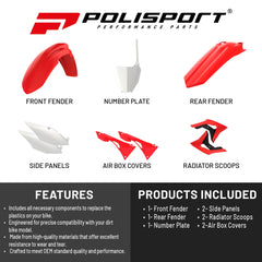 Polisport Motocross (MX) Replica Plastic Kit for Honda CRF 450R (2017-20) Dirt Bike – OEM Quality, Durable, Flexible & Perfect Fit – Red/White/Black