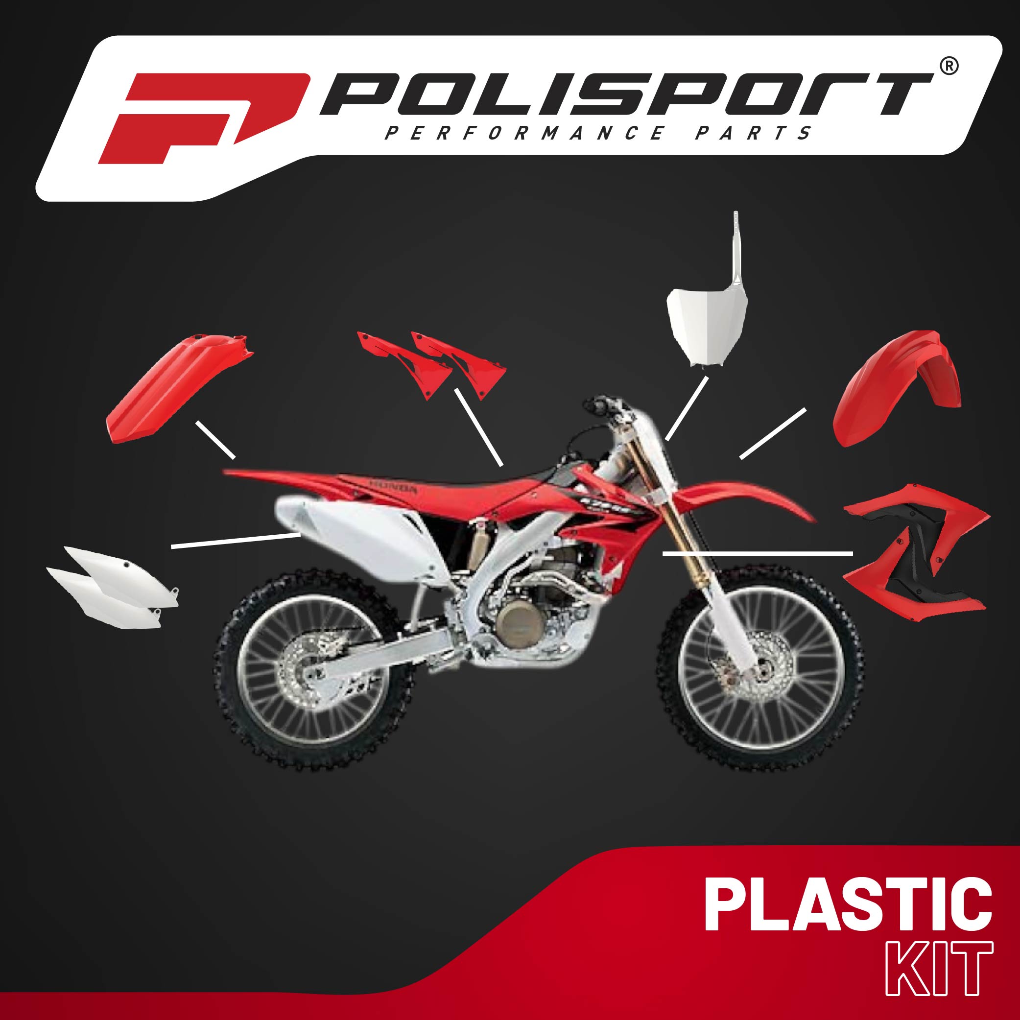 Polisport Motocross (MX) Replica Plastic Kit for Honda CRF 450R (2017-20) Dirt Bike – OEM Quality, Durable, Flexible & Perfect Fit – Red/White/Black