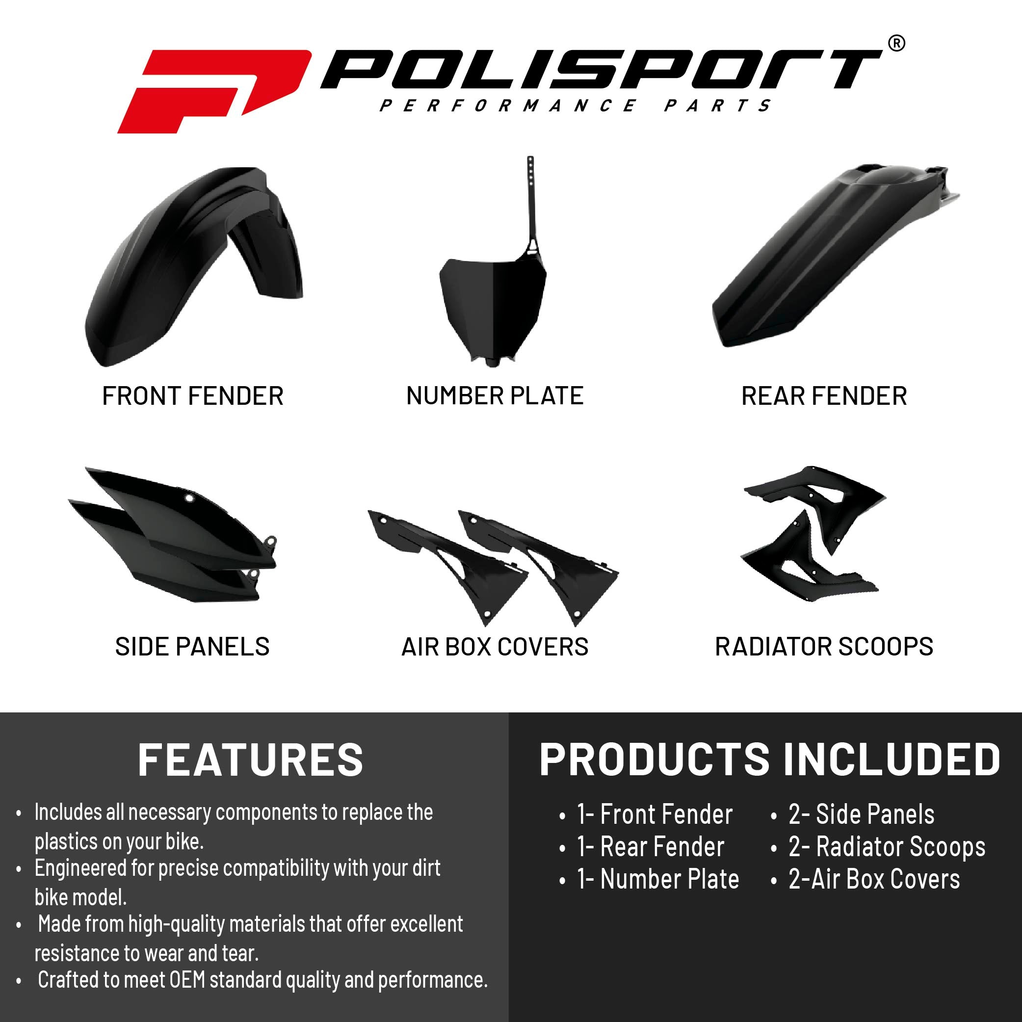 Polisport Motocross (MX) Replica Plastic Kit for Honda CRF 450R (2017-20) Dirt Bike – OEM Quality, Durable, Flexible & Perfect Fit – Black