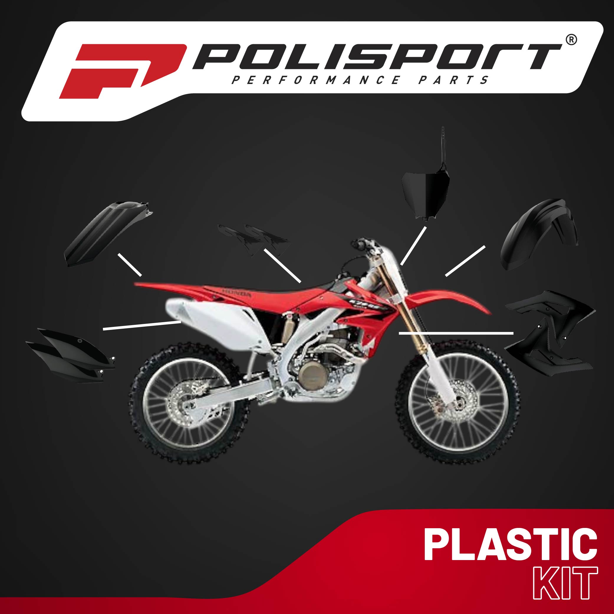Polisport Motocross (MX) Replica Plastic Kit for Honda CRF 450R (2017-20) Dirt Bike – OEM Quality, Durable, Flexible & Perfect Fit – Black