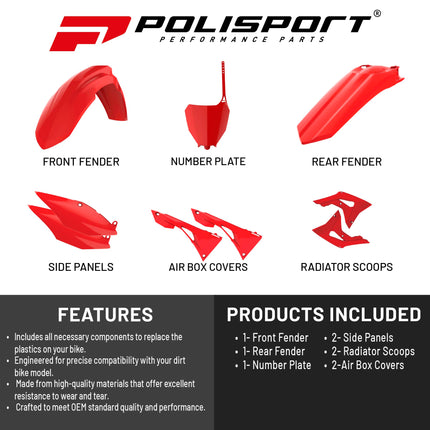 Polisport Motocross (MX) Replica Plastic Kit for Honda CRF 450R (2017-20) Dirt Bike – OEM Quality, Durable, Flexible & Perfect Fit – Red