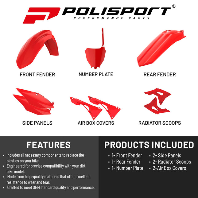 Polisport Motocross (MX) Replica Plastic Kit for Honda CRF 450R (2017-20) Dirt Bike – OEM Quality, Durable, Flexible & Perfect Fit – Red