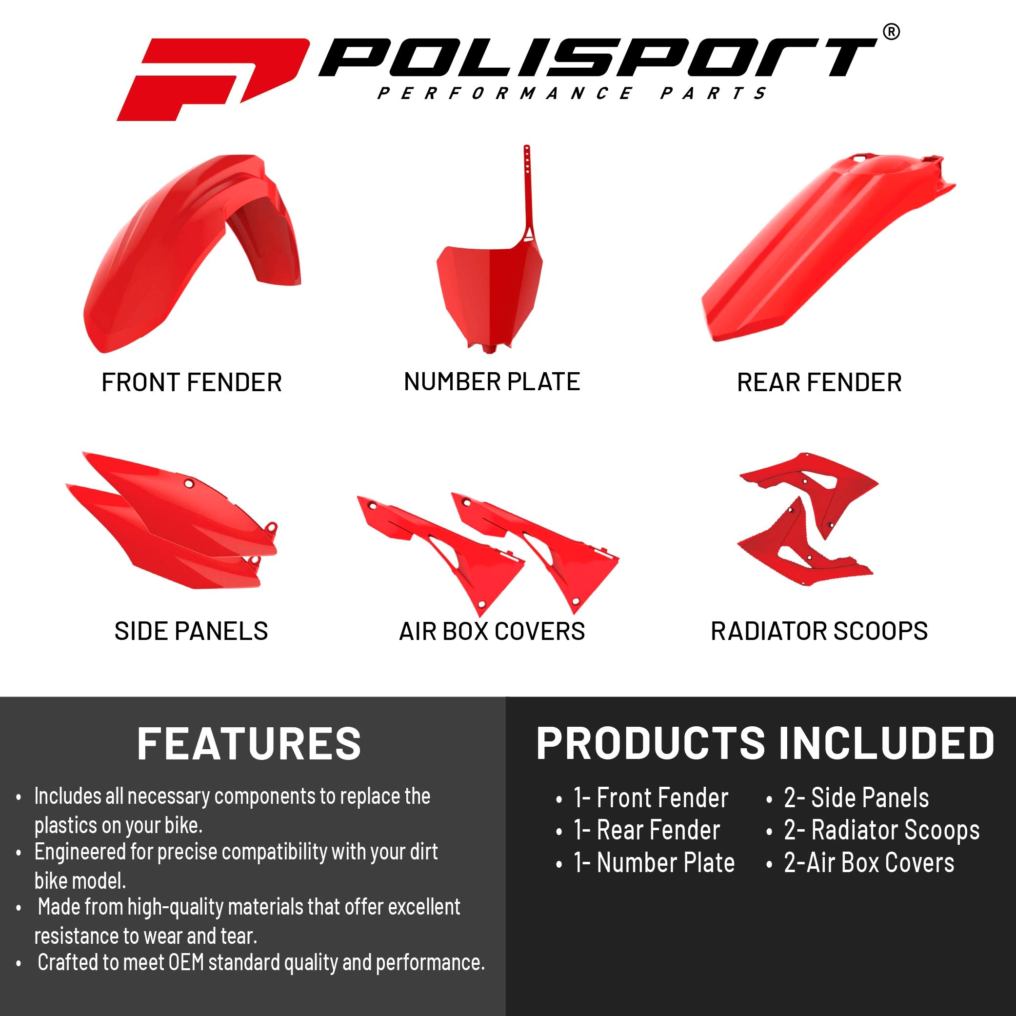 Polisport Motocross (MX) Replica Plastic Kit for Honda CRF 450R (2017-20) Dirt Bike – OEM Quality, Durable, Flexible & Perfect Fit – Red
