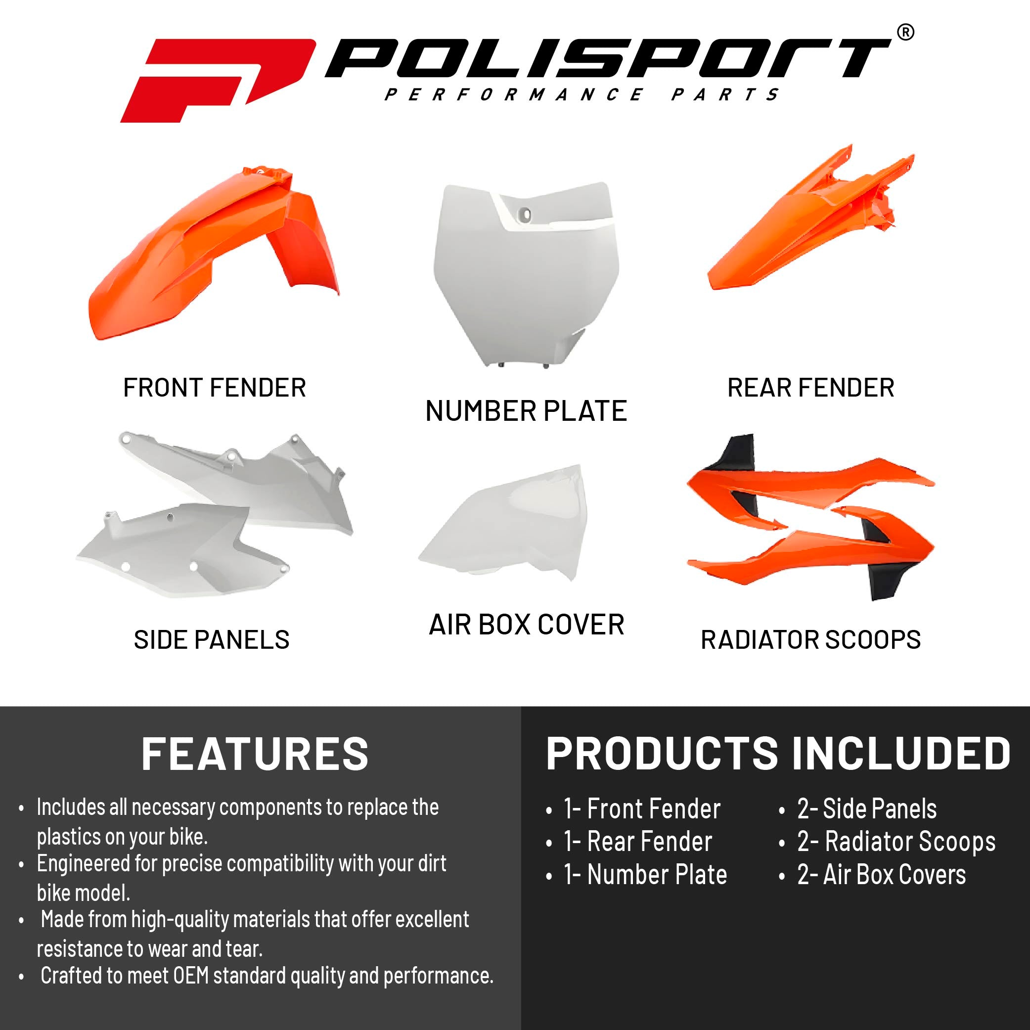 Polisport Motocross (MX) Replica Plastic Kit for KTM XC/XC-F (2016-18) Dirt Bike – OEM Quality, Durable, Flexible & Perfect Fit – Orange/White