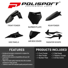 Polisport Motocross (MX) Replica Plastic Kit for KTM SX/SX-F/XC/XC-F (2019-20) Dirt Bike – OEM Quality, Durable, Flexible & Perfect Fit –Black