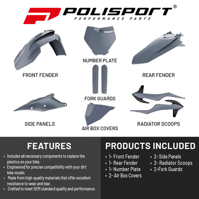 Polisport Motocross (MX) Replica Plastic Kit for KTM SX/SX-F XC/XC-F (2019-22) Dirt Bike – OEM Quality, Durable, Flexible & Perfect Fit – Nardo Gray