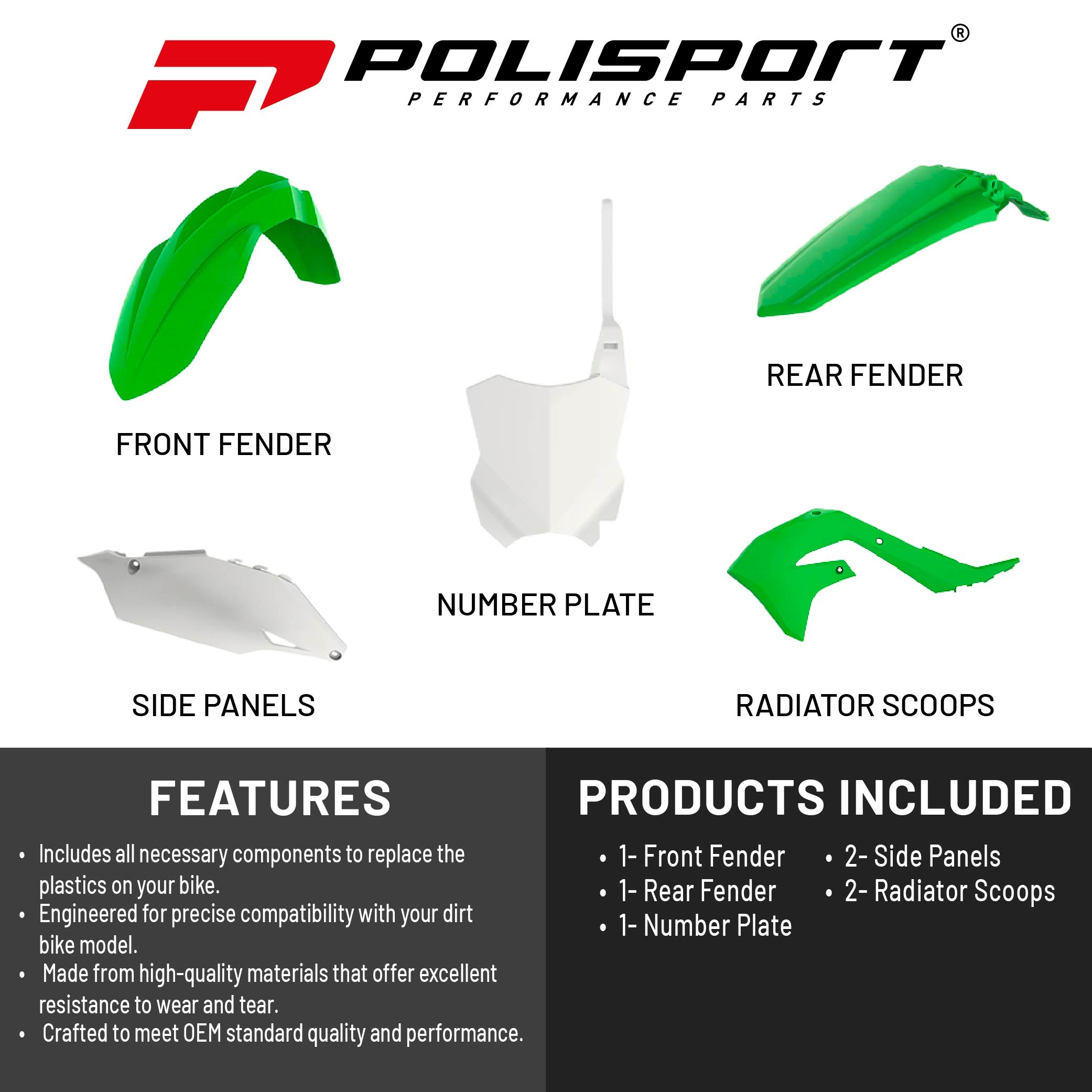 Polisport Motocross (MX) Replica Plastic Kit for Kawasaki KX 250F (2019-24) Dirt Bike – OEM Quality, Durable, Flexible & Perfect Fit – Green/White