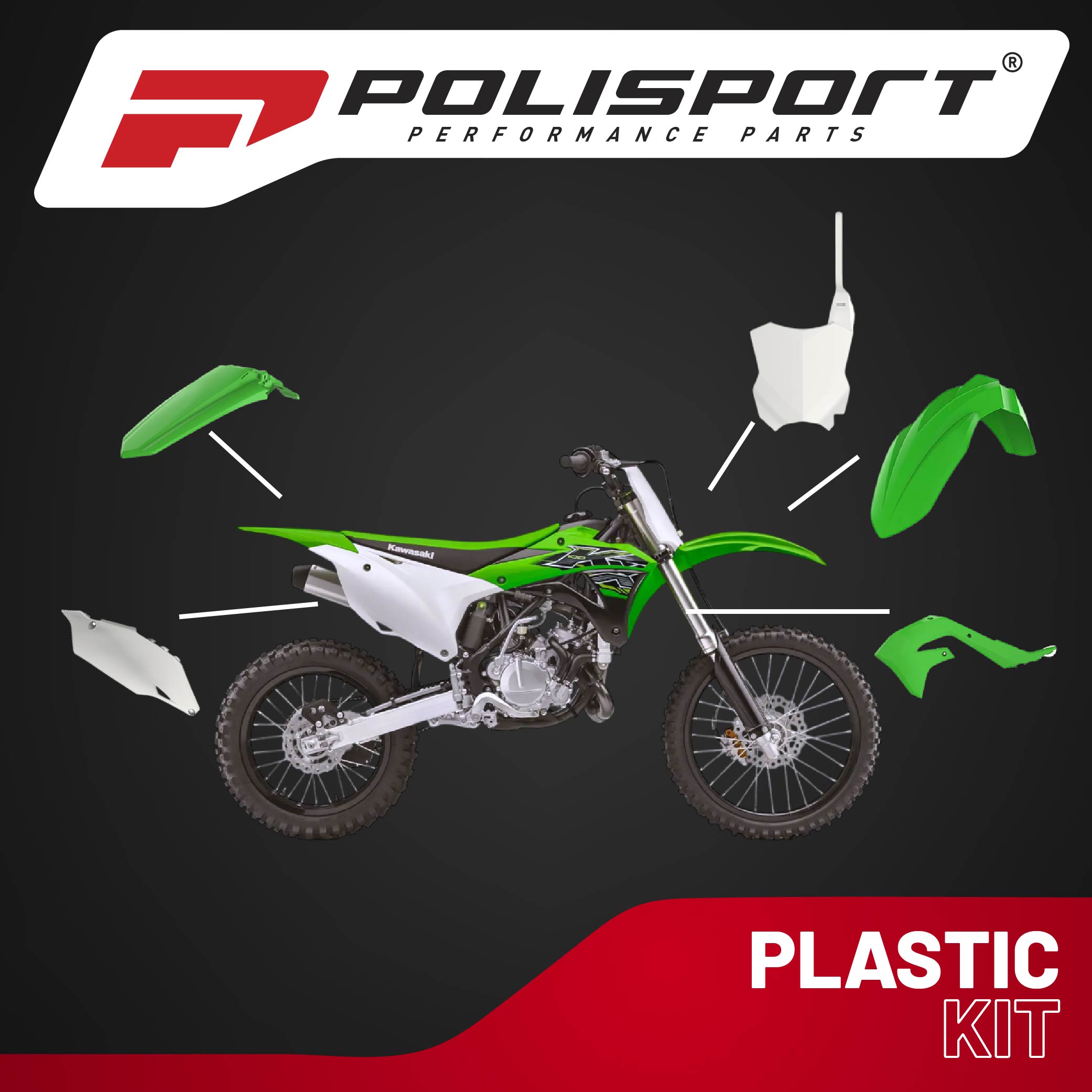 Polisport Motocross (MX) Replica Plastic Kit for Kawasaki KX 250F (2019-24) Dirt Bike – OEM Quality, Durable, Flexible & Perfect Fit – Green/White
