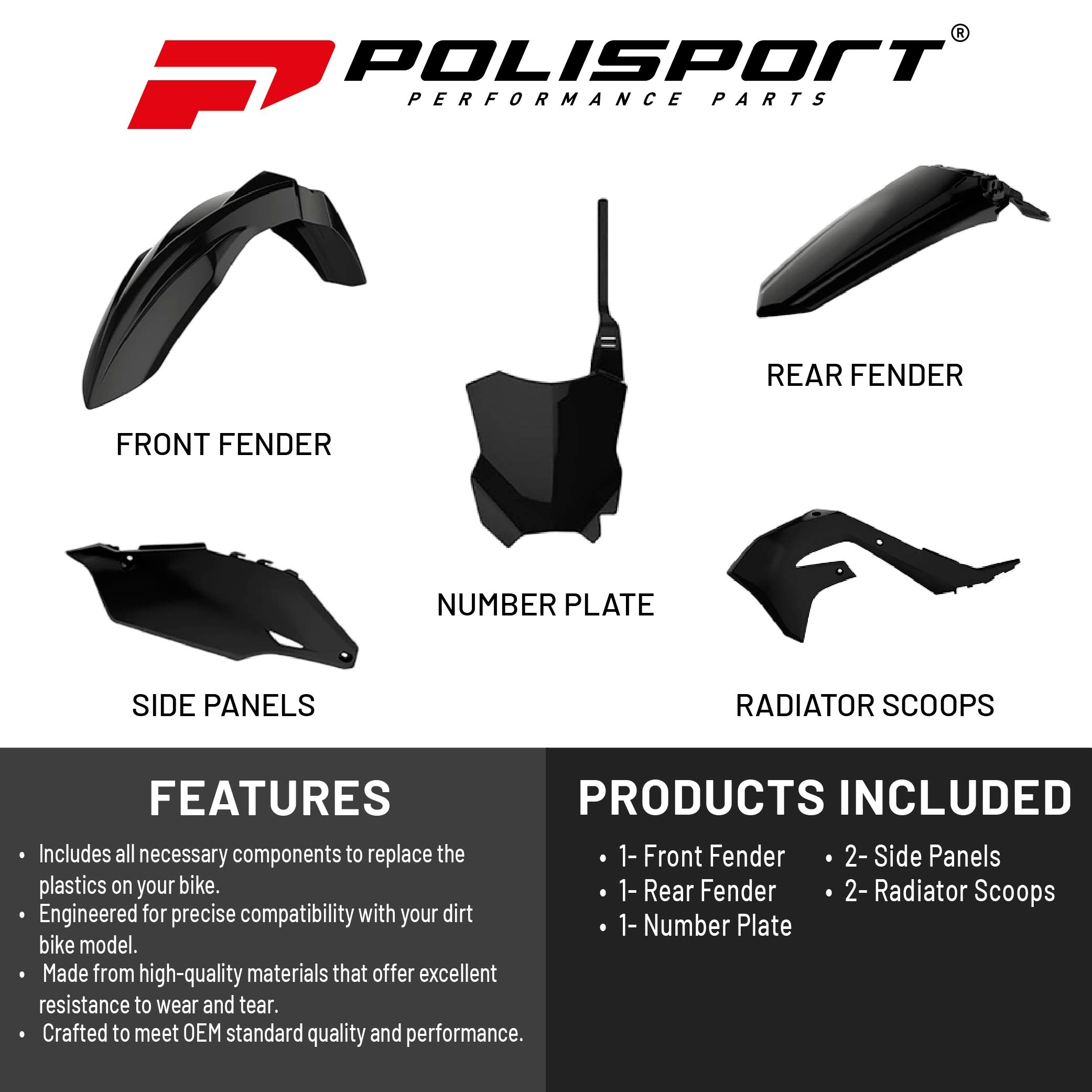 Polisport Motocross (MX) Replica Plastic Kit for Kawasaki KX 250F (2019-24) Dirt Bike – OEM Quality, Durable, Flexible & Perfect Fit – Black