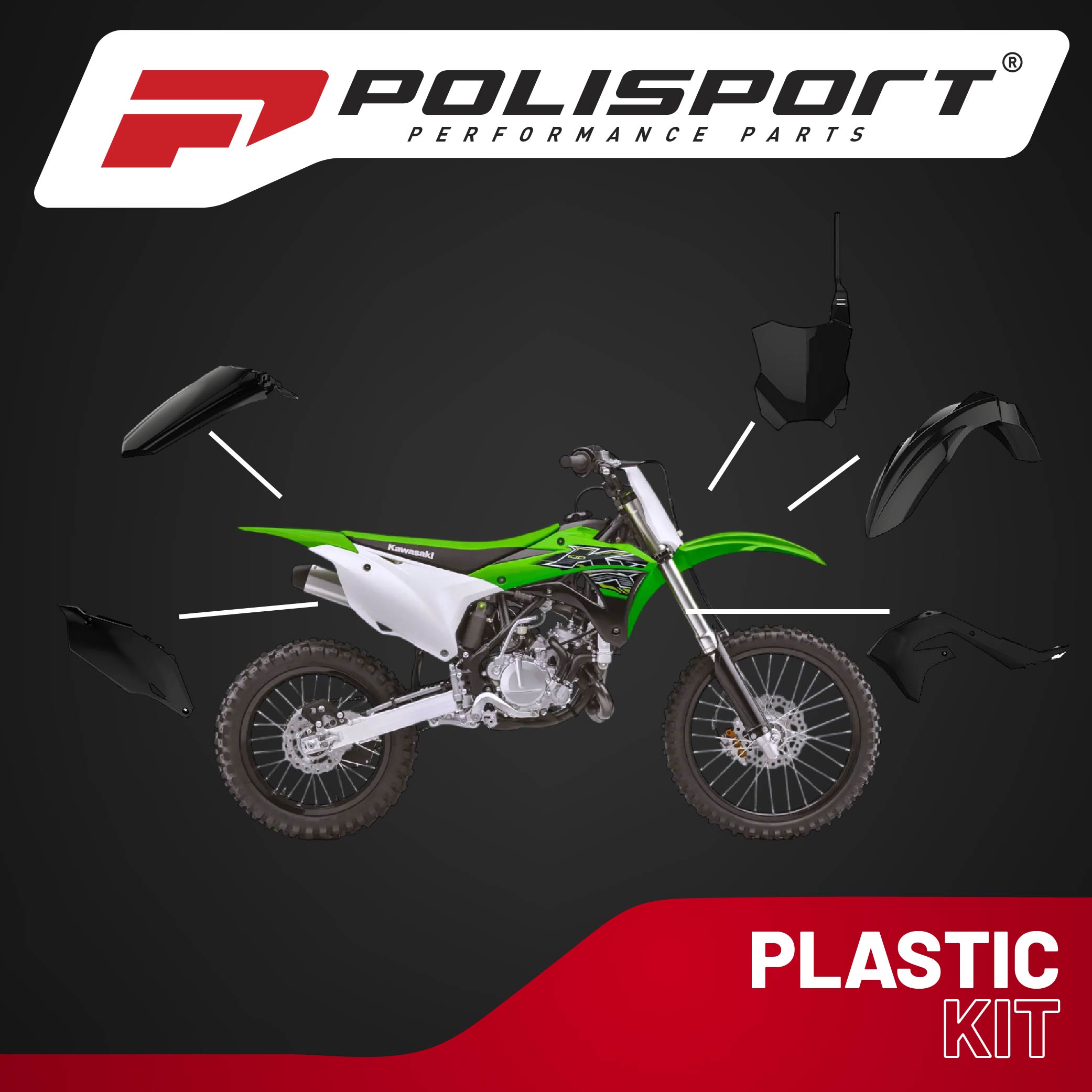Polisport Motocross (MX) Replica Plastic Kit for Kawasaki KX 250F (2019-24) Dirt Bike – OEM Quality, Durable, Flexible & Perfect Fit – Black