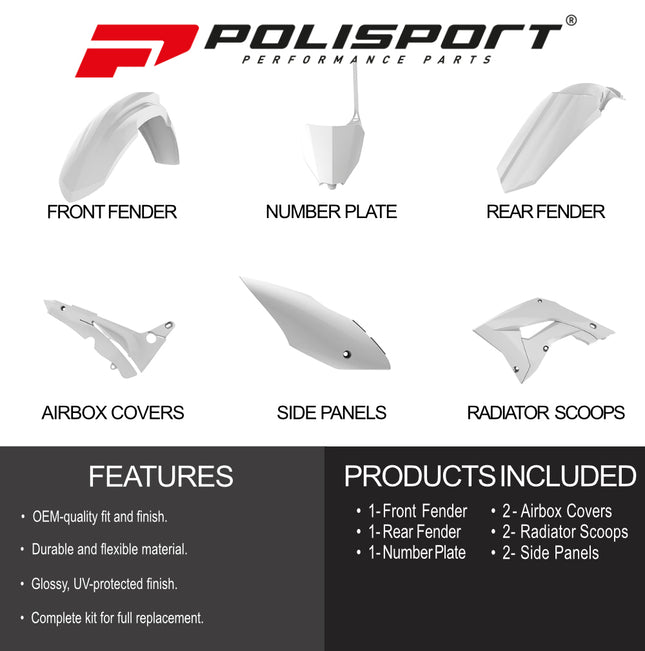 Polisport Motocross (MX) Restyling Kit for Honda CR125/250 (2004-07) Dirt Bike – OEM Quality, Durable, Flexible & Perfect Fit – White