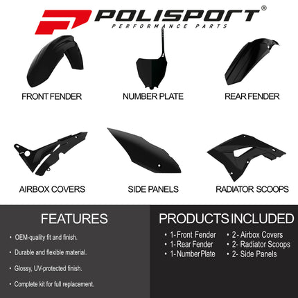 Polisport Motocross (MX) Restyling Kit for Honda CR125/250 (2004-07) Dirt Bike – OEM Quality, Durable, Flexible & Perfect Fit – Black