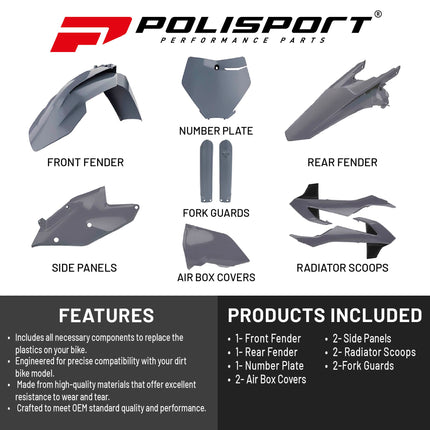 Polisport Motocross (MX) Replica Plastic Kit for KTM SX/SX-F XC/XC-F (2016-18) Dirt Bike – OEM Quality, Durable, Flexible & Perfect Fit – Nardo Gray