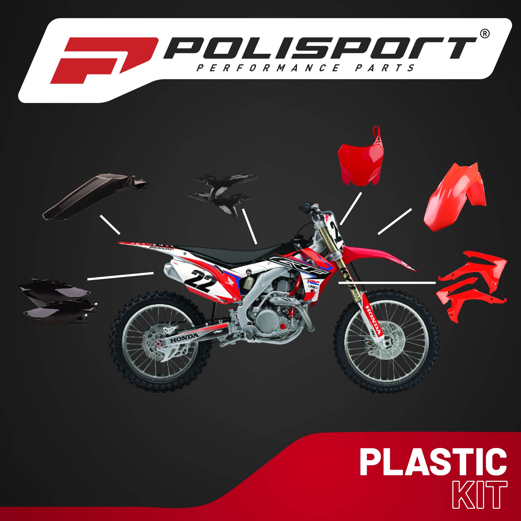 Polisport Motocross (MX) Replica Plastic Kit for Honda CRF 450R (2013-16) Dirt Bike – OEM Quality, Durable, Flexible & Perfect Fit – Red/Black