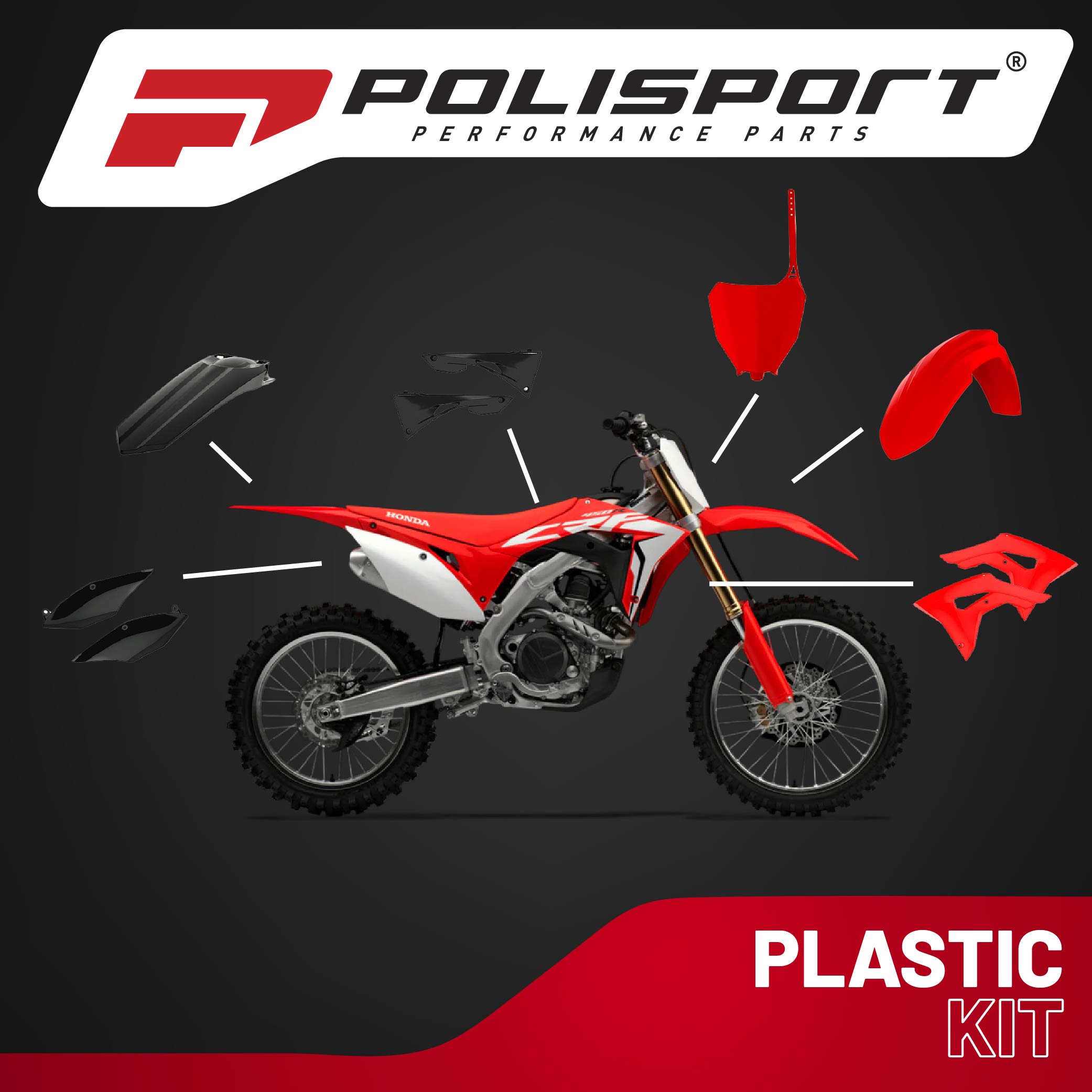 Polisport Motocross (MX) Replica Plastic Kit for Honda CRF 450R (2017-20) Dirt Bike – OEM Quality, Durable, Flexible & Perfect Fit – Red/Black