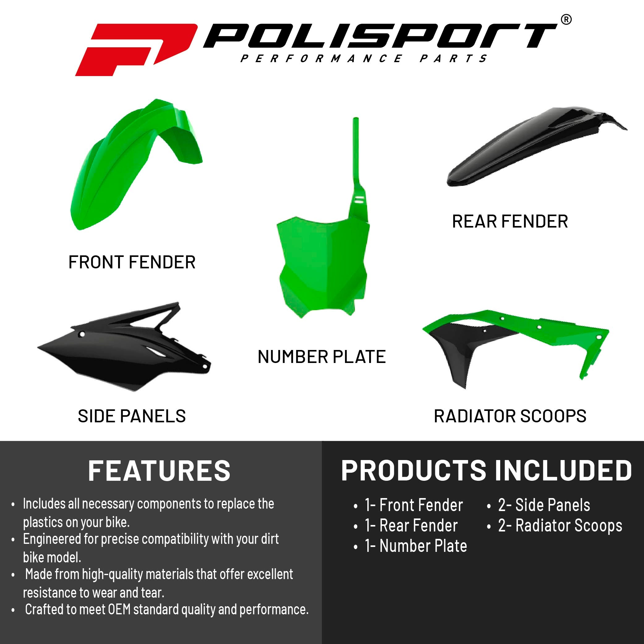 Polisport Motocross (MX) Replica Plastic Kit for Kawasaki KX 450F (2016-18) Dirt Bike – OEM Quality, Durable, Flexible & Perfect Fit – Green/Black