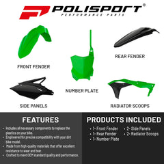 Polisport Motocross (MX) Replica Plastic Kit for Kawasaki KX 450F (2016-18) Dirt Bike – OEM Quality, Durable, Flexible & Perfect Fit – Green/Black