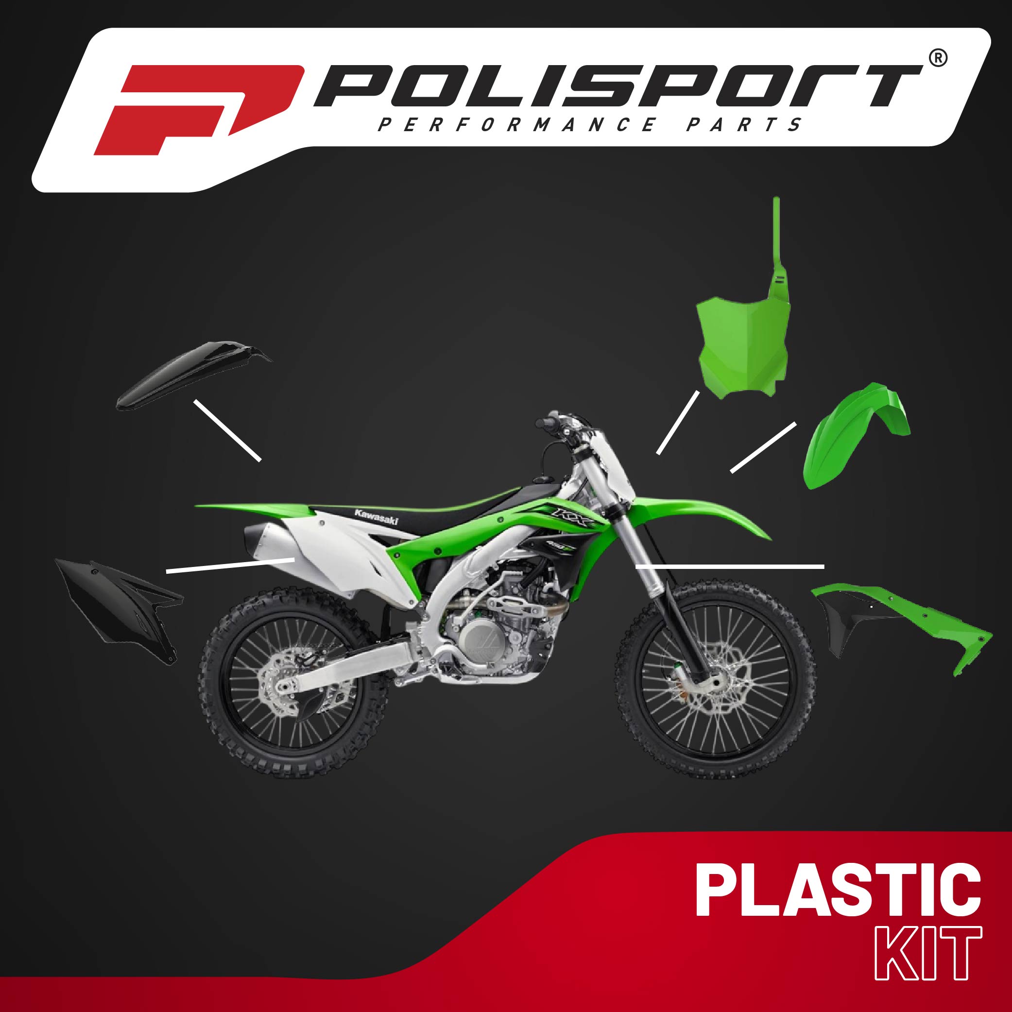 Polisport Motocross (MX) Replica Plastic Kit for Kawasaki KX 450F (2016-18) Dirt Bike – OEM Quality, Durable, Flexible & Perfect Fit – Green/Black
