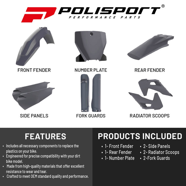 Polisport Motocross (MX) Replica Plastic Kit for Husqvarna TC & FC (2019–2022) Dirt Bike – OEM Quality, Durable, Flexible & Perfect Fit – Nardo Grey