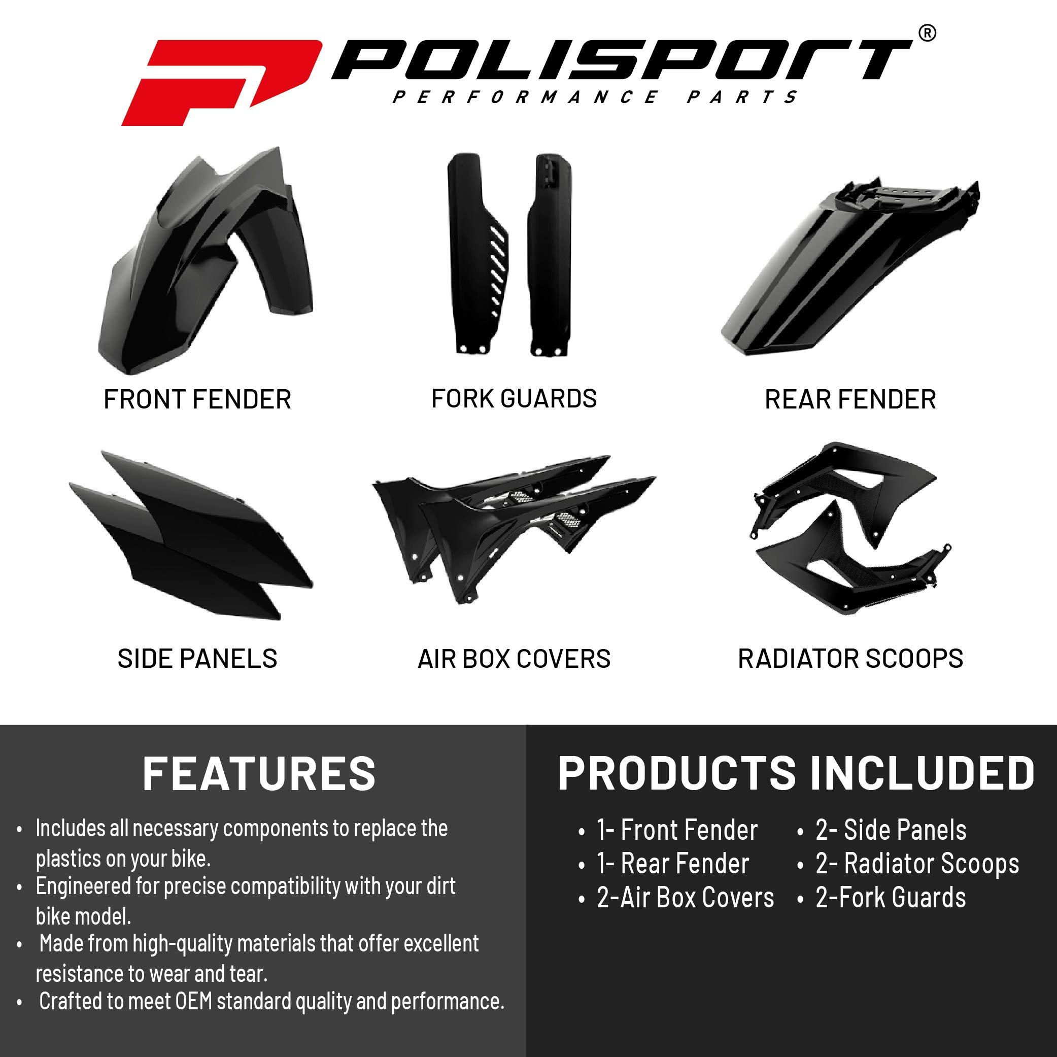 Polisport Motocross (MX) Replica Plastic Kit for Honda CRF 150L (2017-25) Dirt Bike – OEM Quality, Durable, Flexible & Perfect Fit – Black