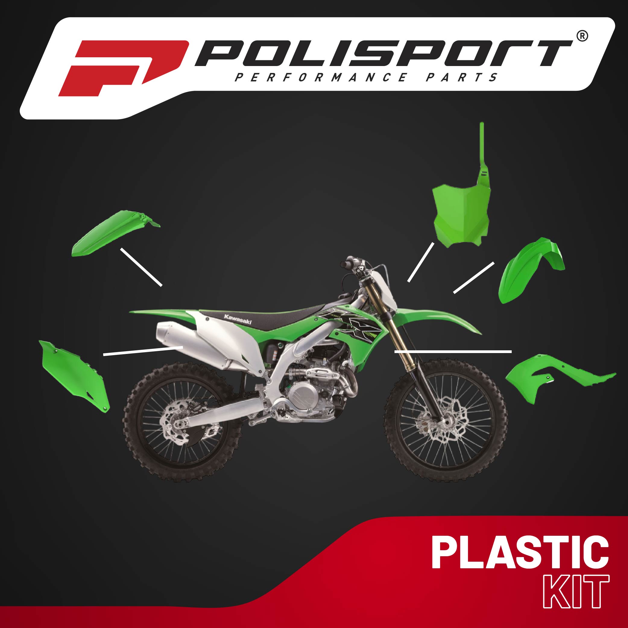 Polisport Motocross (MX) Replica Plastic Kit for Kawasaki KX 250F (2019-24) Dirt Bike – OEM Quality, Durable, Flexible & Perfect Fit – Green