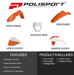 Polisport Motocross (MX) Restyling Kit for KTM EXC/EXC-F/XC-W/XCF-W (2014-16) Dirt Bike – OEM Quality, Durable, Flexible & Perfect Fit – Orange/White