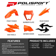 Polisport Motocross (MX) Replica Plastic Kit for KTM EXC/EXC-F/ XC-W & XCF-W (2017–2019) Dirt Bike – OEM Quality, Durable, Flexible & Perfect Fit – Orange/Black