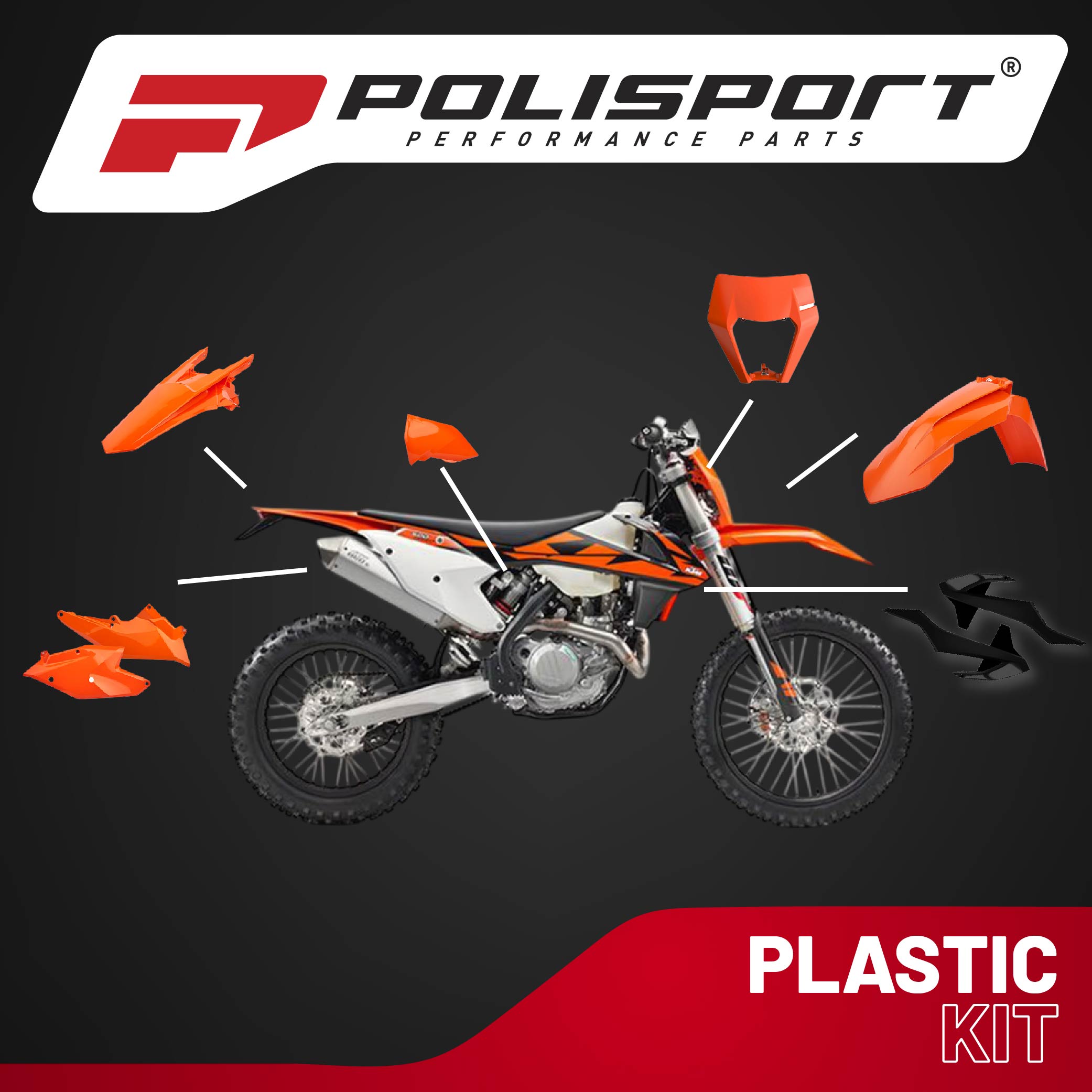 Polisport Motocross (MX) Replica Plastic Kit for KTM EXC/EXC-F/ XC-W & XCF-W (2017–2019) Dirt Bike – OEM Quality, Durable, Flexible & Perfect Fit – Orange/Black