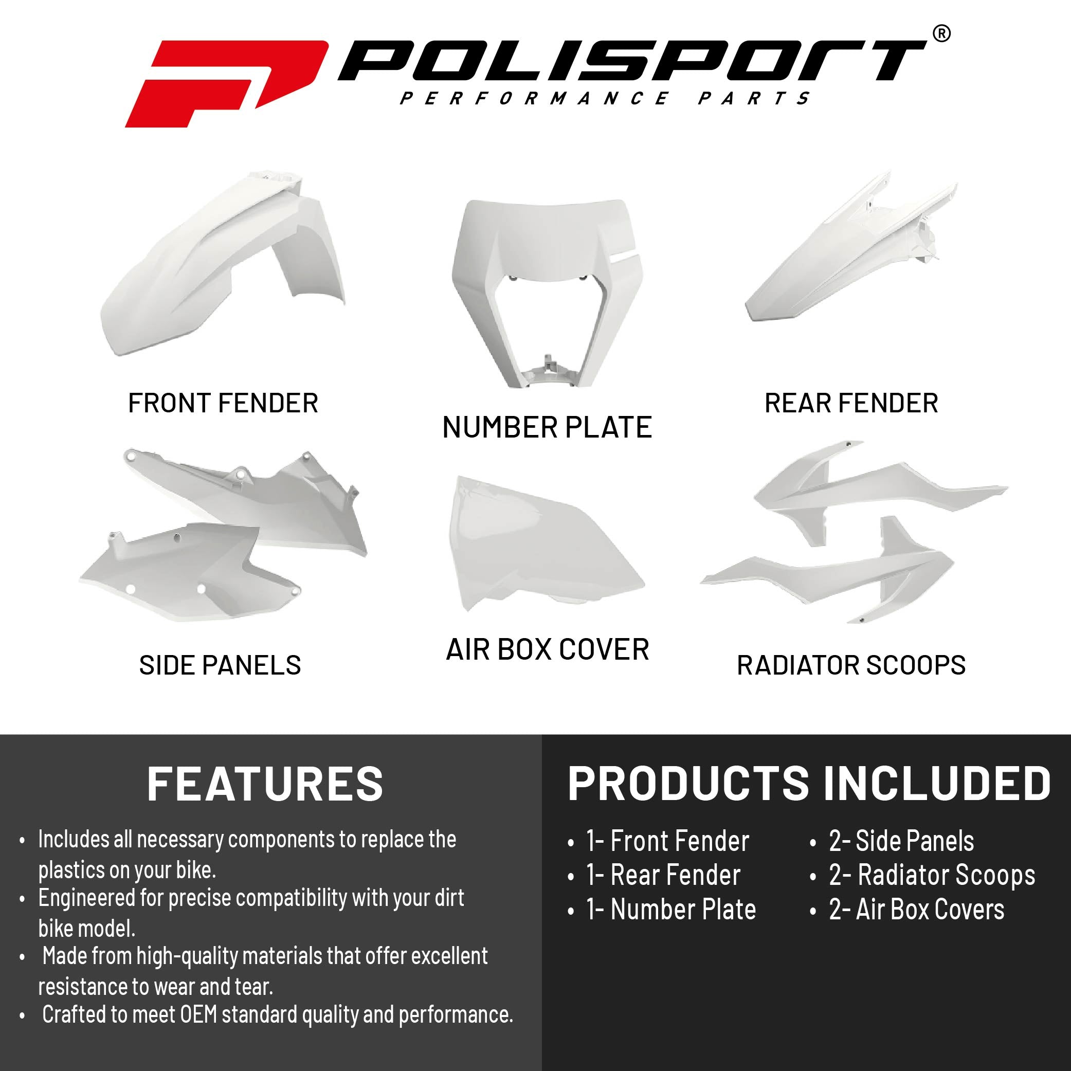 Polisport Motocross (MX) Replica Plastic Kit for KTM EXC/EXC-F & XC-W/XCF-W (2017–2019) Dirt Bike – OEM Quality, Durable, Flexible & Perfect Fit – White
