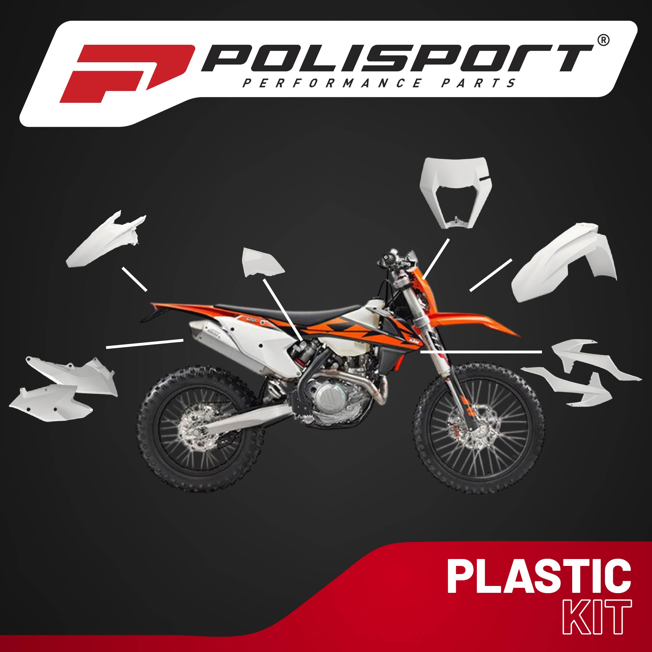 Polisport Motocross (MX) Replica Plastic Kit for KTM EXC/EXC-F & XC-W/XCF-W (2017–2019) Dirt Bike – OEM Quality, Durable, Flexible & Perfect Fit – White