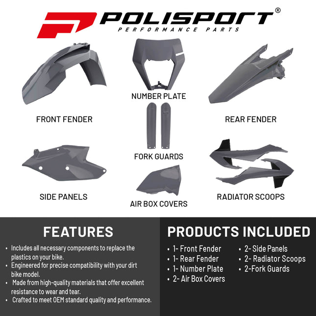 Polisport Motocross (MX) Replica Plastic Kit for KTM EXC/EXC-F & XC-W/XCF-W (2017–2019) Dirt Bike – OEM Quality, Durable, Flexible & Perfect Fit – Nardo Grey