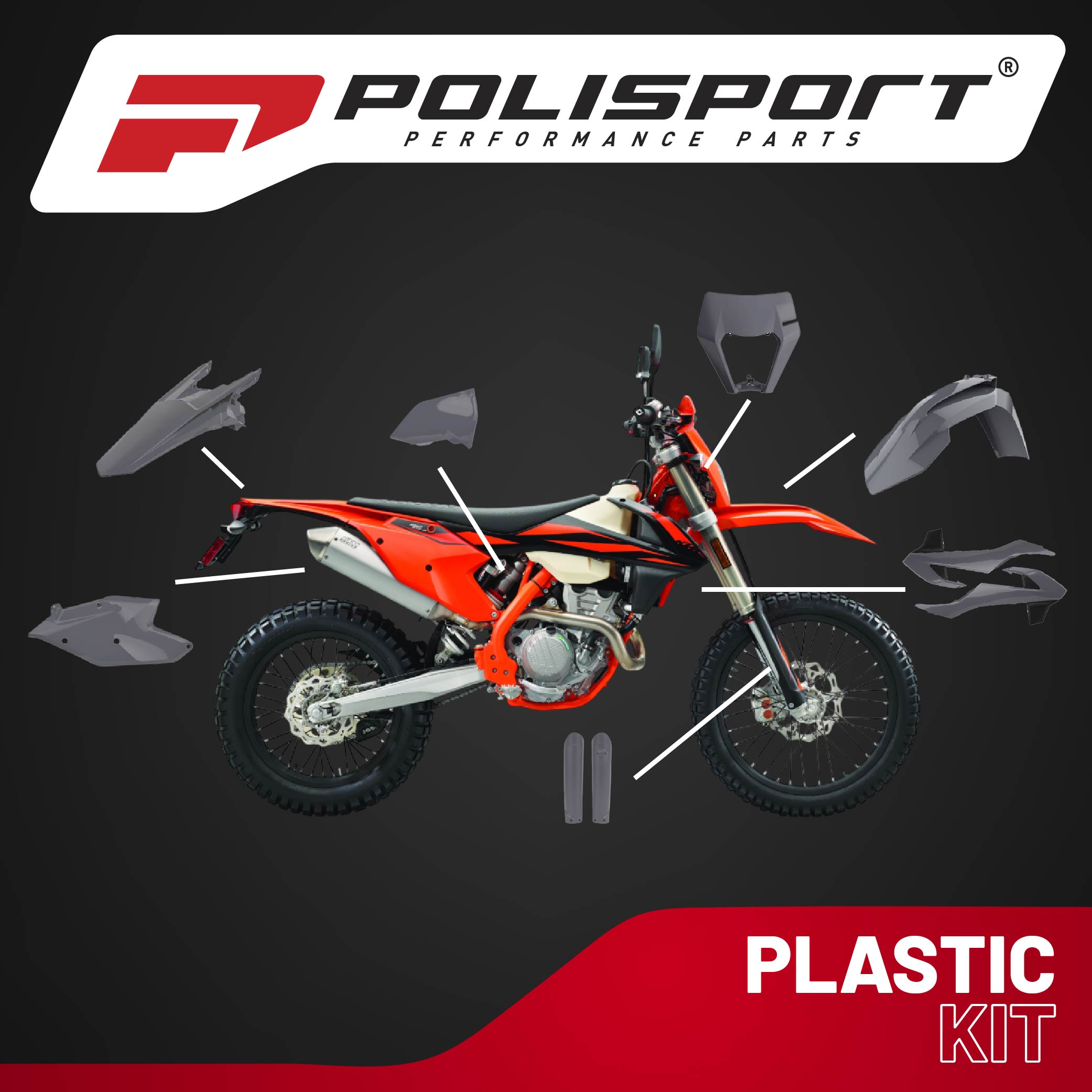 Polisport Motocross (MX) Replica Plastic Kit for KTM EXC/EXC-F & XC-W/XCF-W (2017–2019) Dirt Bike – OEM Quality, Durable, Flexible & Perfect Fit – Nardo Grey