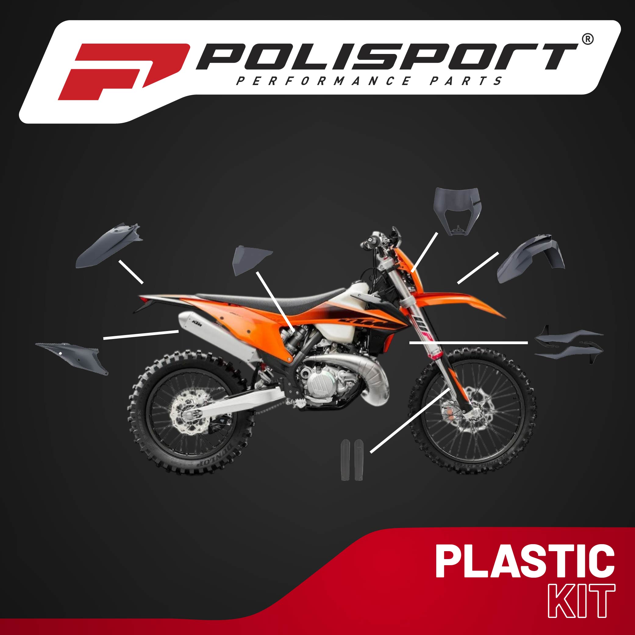 Polisport Motocross (MX) Replica Plastic Kit for KTM EXC/EXC-F/XC-W/XCF-W (2020-2023) Dirt Bike – OEM Quality, Durable, Flexible & Perfect Fit – Nardo Gray