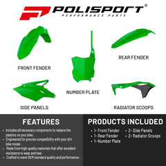 Polisport Motocross (MX) Replica Plastic Kit for Kawasaki KX 250F (2017-20) Dirt Bike – OEM Quality, Durable, Flexible & Perfect Fit – Green/Black