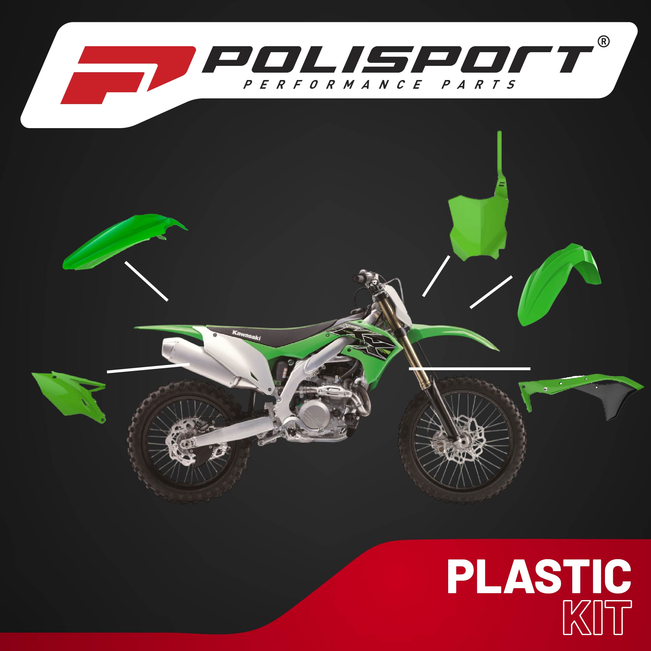Polisport Motocross (MX) Replica Plastic Kit for Kawasaki KX 250F (2017-20) Dirt Bike – OEM Quality, Durable, Flexible & Perfect Fit – Green/Black