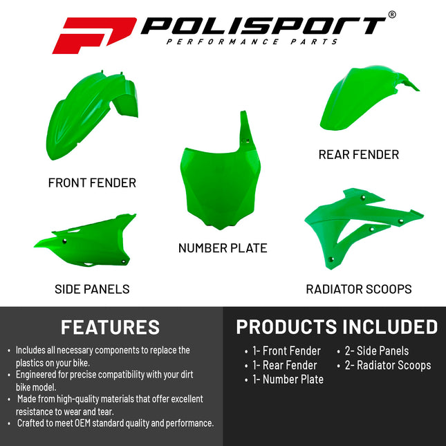 Polisport Motocross (MX) Replica Plastic Kit for Kawasaki KX 85/100/112 (2014-21) Dirt Bike – OEM Quality, Durable, Flexible & Perfect Fit – Green