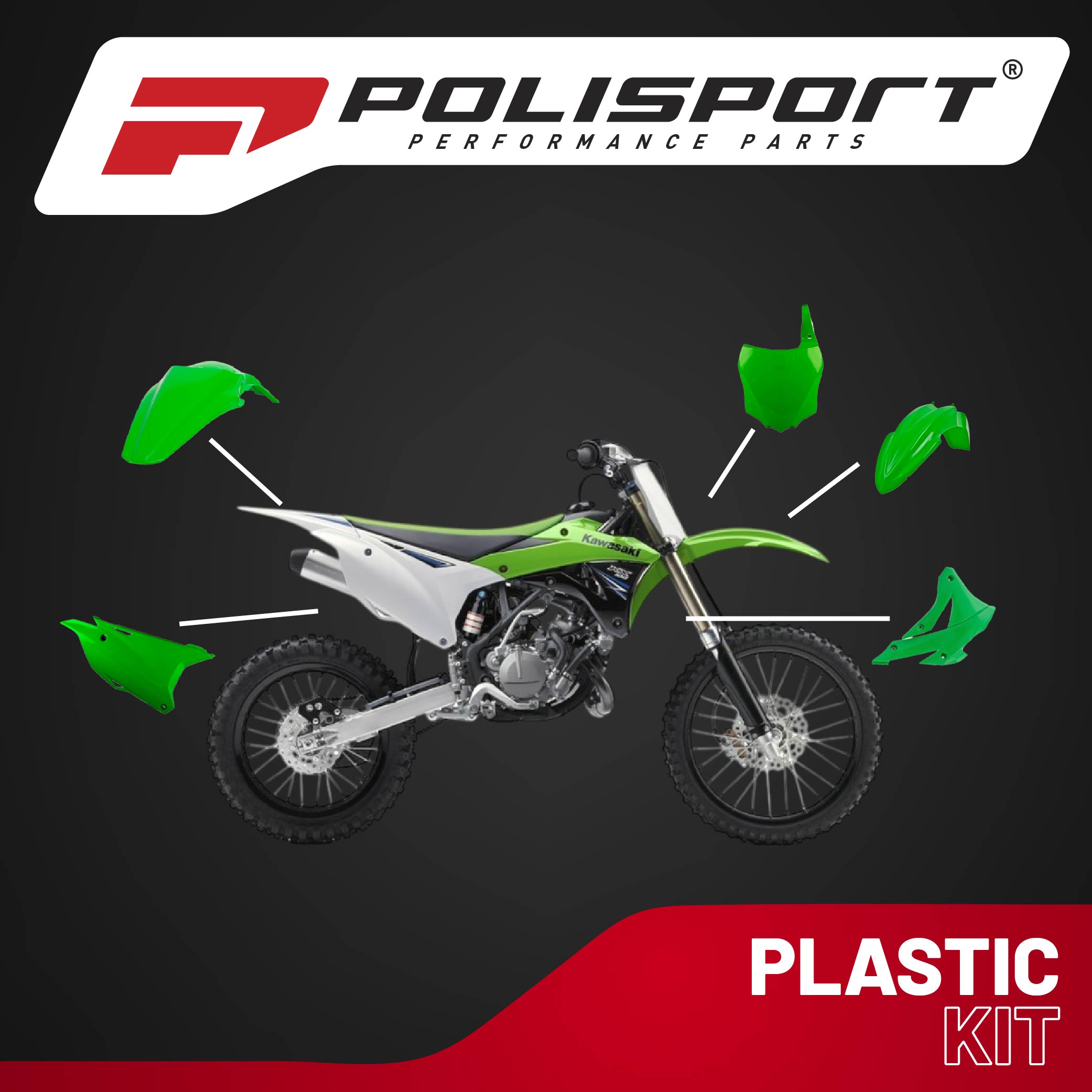 Polisport Motocross (MX) Replica Plastic Kit for Kawasaki KX 85/100/112 (2014-21) Dirt Bike – OEM Quality, Durable, Flexible & Perfect Fit – Green