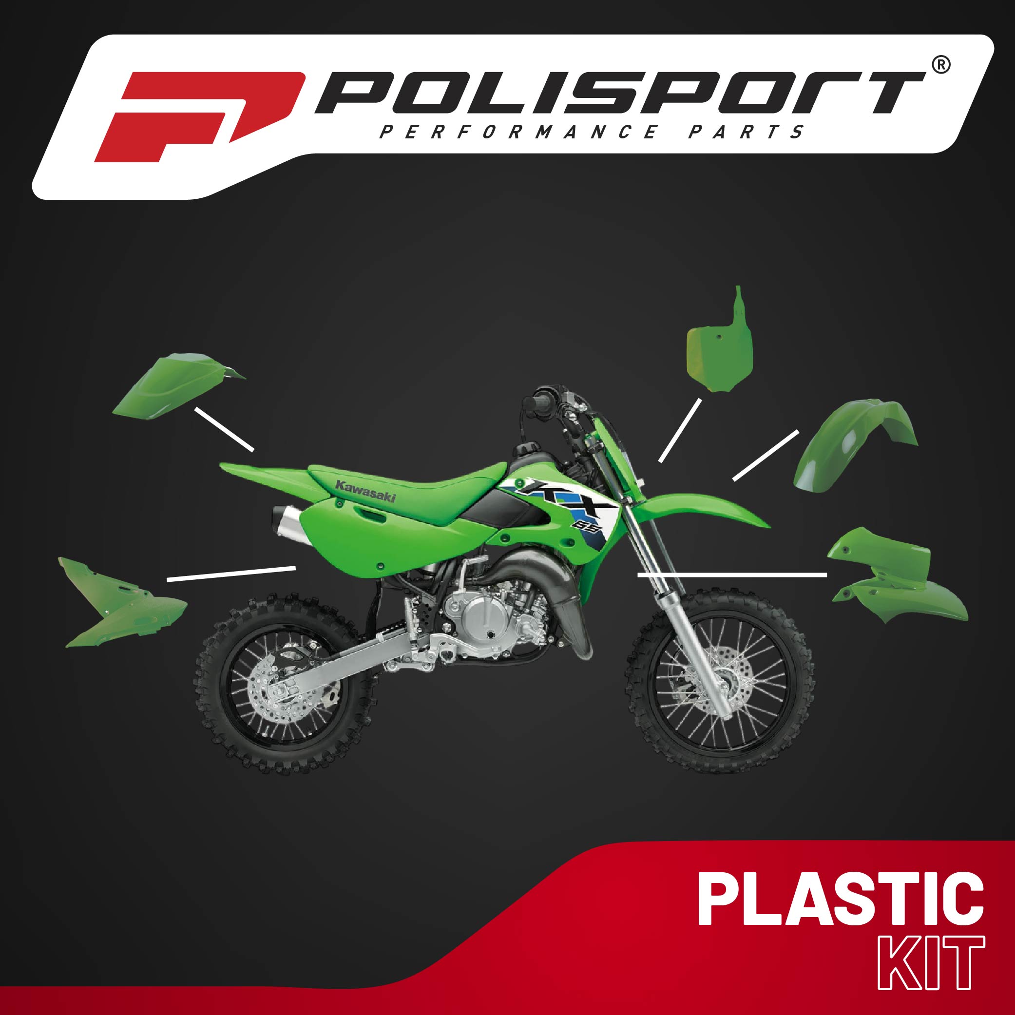 Polisport Motocross (MX) Replica Plastic Kit for Kawasaki KX 65 (2020-25) Dirt Bike – OEM Quality, Durable, Flexible & Perfect Fit – Green