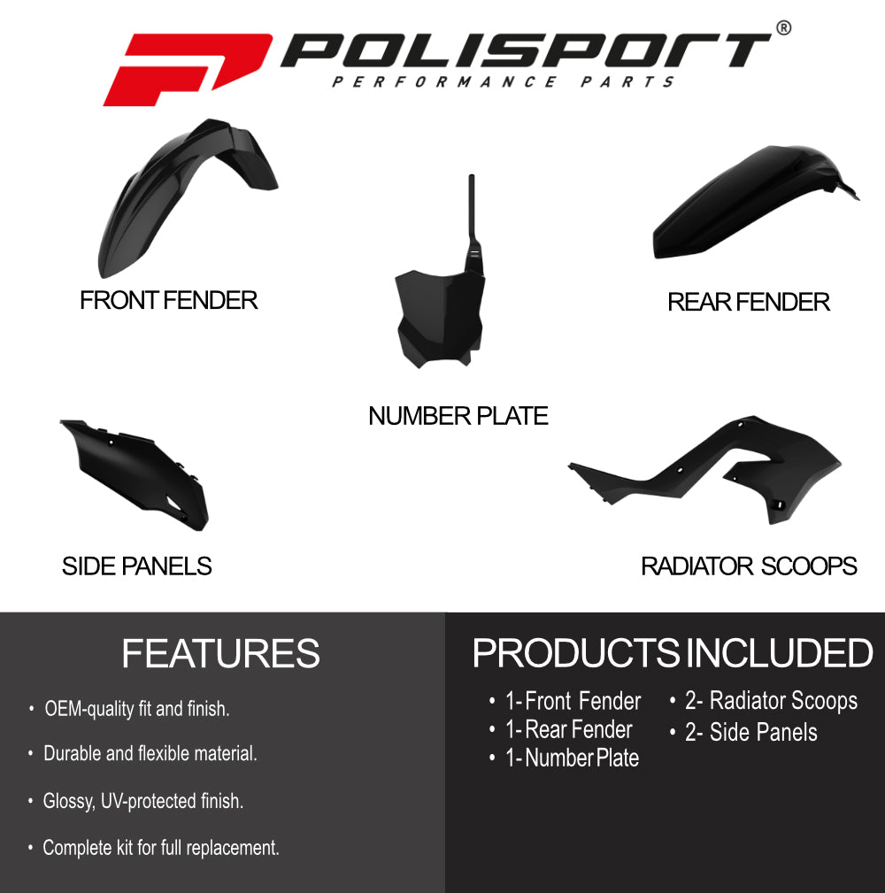 Polisport Motocross (MX) Restyling Kit for Kawasaki KX 125/250 (2003-2008) Dirt Bike – OEM Quality, Durable, Flexible & Perfect Fit – Black